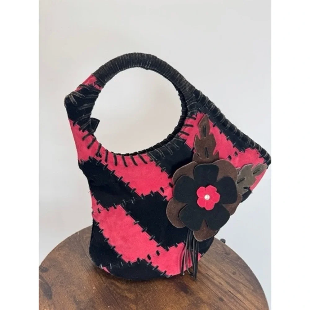 Vintage Red Black Patchwork Suede Floral Whipstitch Hobo Bag Boho Y2K Statement